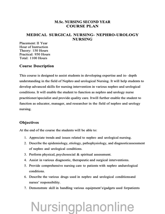 COURSE PLAN-  M.Sc. NURSING SECOND YEAR - MEDICAL SURGICAL NURSING ( NEPHRO-UROLOGY NURSING) - Nursing Plan Online