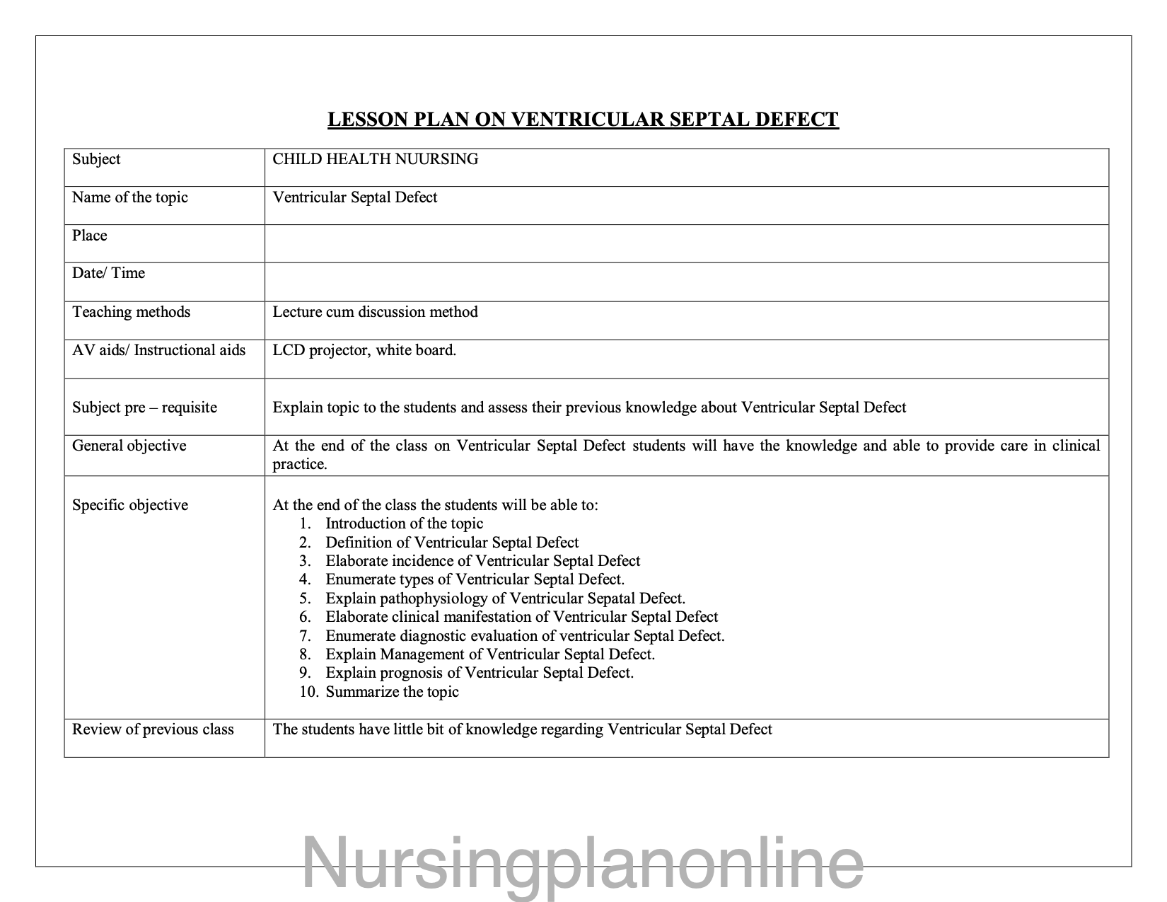 LESSON PLAN- VENTRICULAR SEPTAL DEFECT - Nursing Plan Online