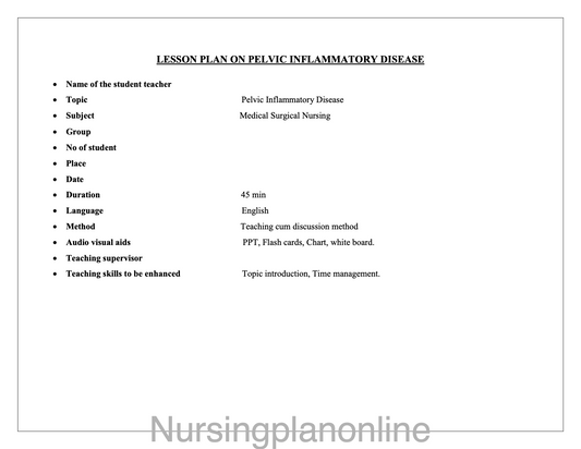 LESSON PLAN- PELVIC INFLAMMATORY DISEASE - Nursing Plan Online