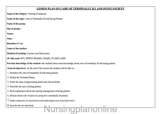 LESSON PLAN ON CARE OF TERMINALLY ILL AND DYING PATIENT - Nursing Plan Online