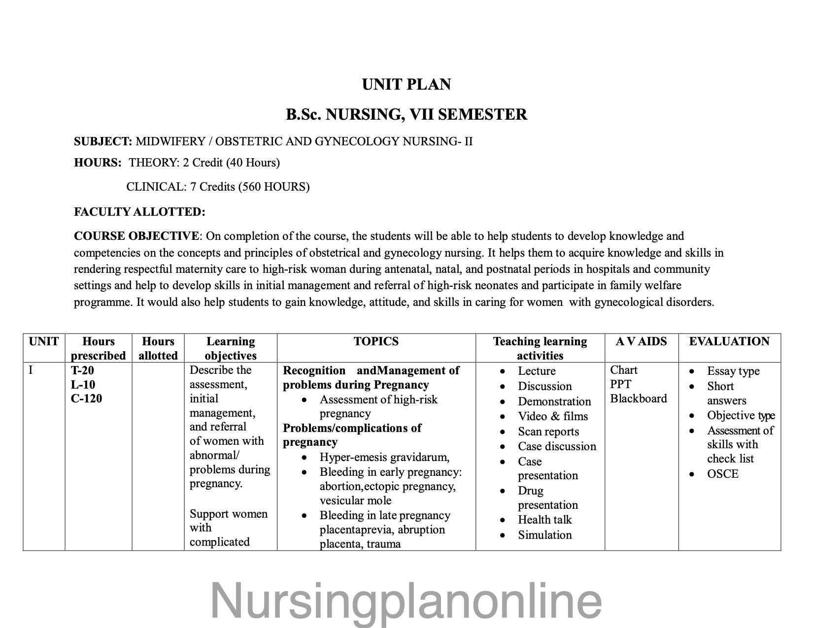 BSc Nursing Midwifery Unit Plan - Seventh Semester Obstetric and ...
