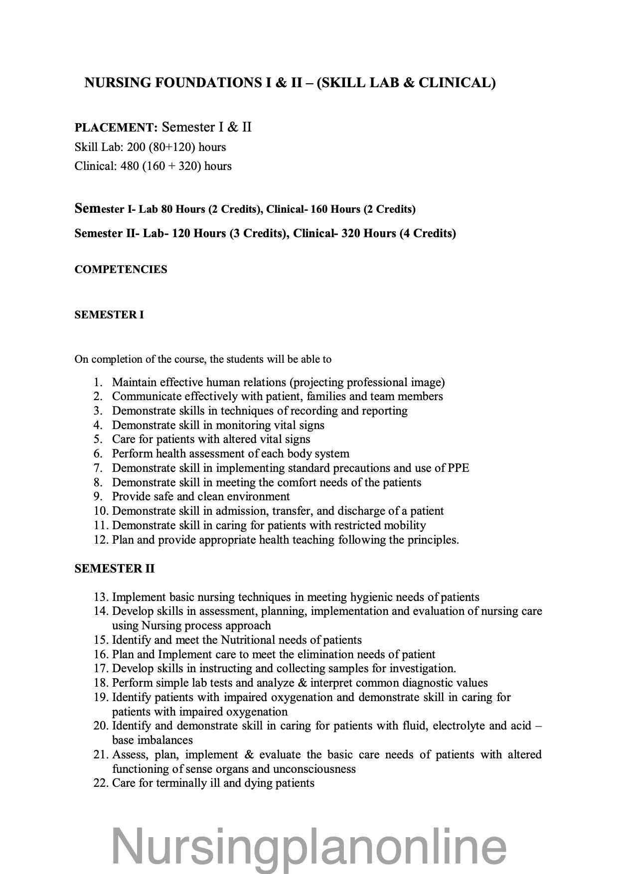 COURSE PLAN FOR BSc NURSING II SEMESTER- NURSING FOUNDATION I & II ( S ...
