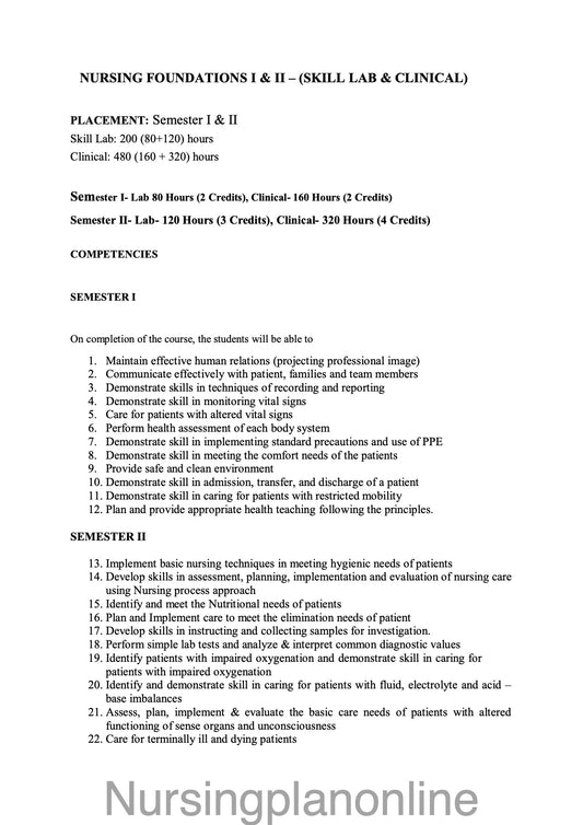 COURSE PLAN FOR B.Sc. NURSING II SEMESTER- NURSING FOUNDATION I & II ( SKILL LAB AND CLINICAL) - Nursing Plan Online