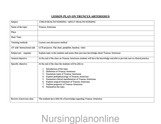 LESSON PLAN- TRUNCUS ARTERIOSIS