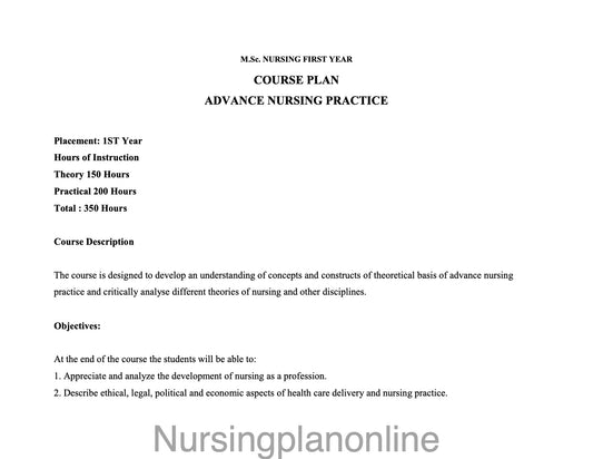 COURSE PLAN-  M.Sc. NURSING FIRST YEAR -  ADULT NURSING PRACTICE - Nursing Plan Online
