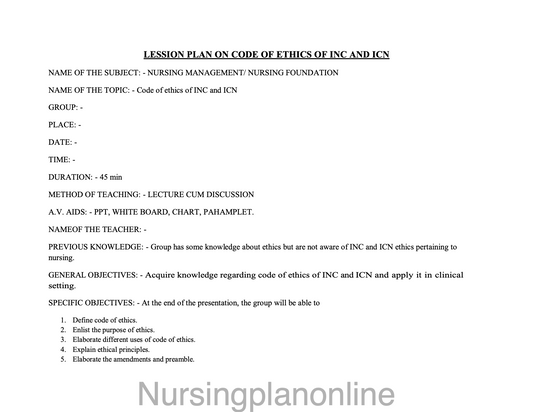LESSON PLAN ON ETHICS IN NURSING - Nursing Plan Online