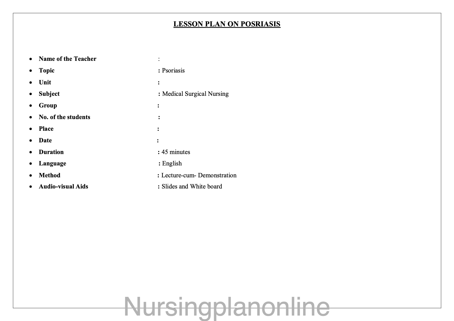 LESSON PLAN -PSOARIASIS - Nursing Plan Online