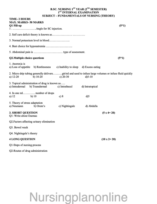 QUESTION PAPER - OBSTETRICS AND GYNECOLOGICAL NURSING - Nursing Plan Online