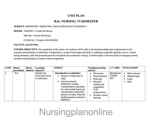 UNIT PLAN FOR B.Sc. NURSING VI SEMESTER -MIDWIFERY AND GYNECOLOGY NURSING I - Nursing Plan Online