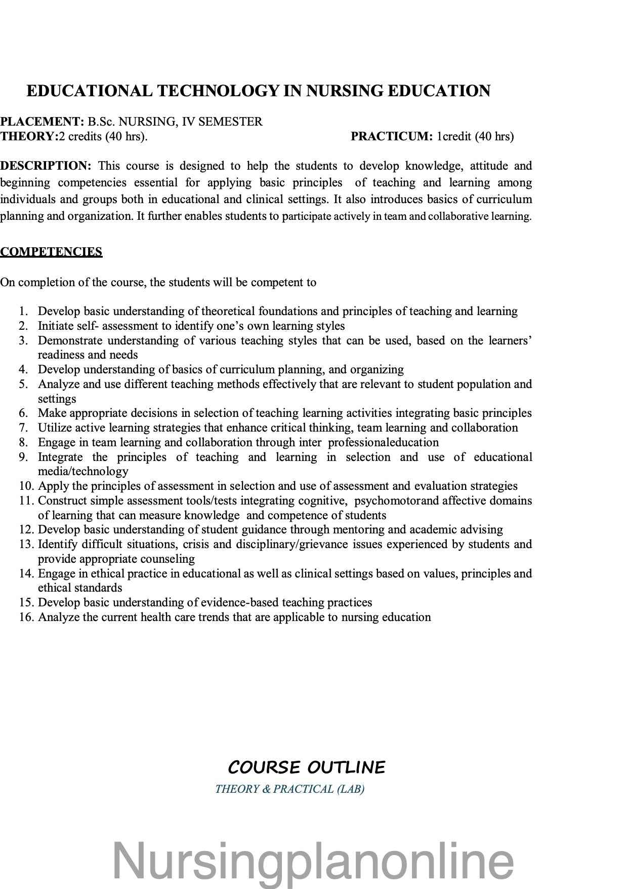 COURSE PLAN FOR B.Sc. NURSING IV SEMESTER-EDUCATIONAL TECHNOLOGY IN NU ...