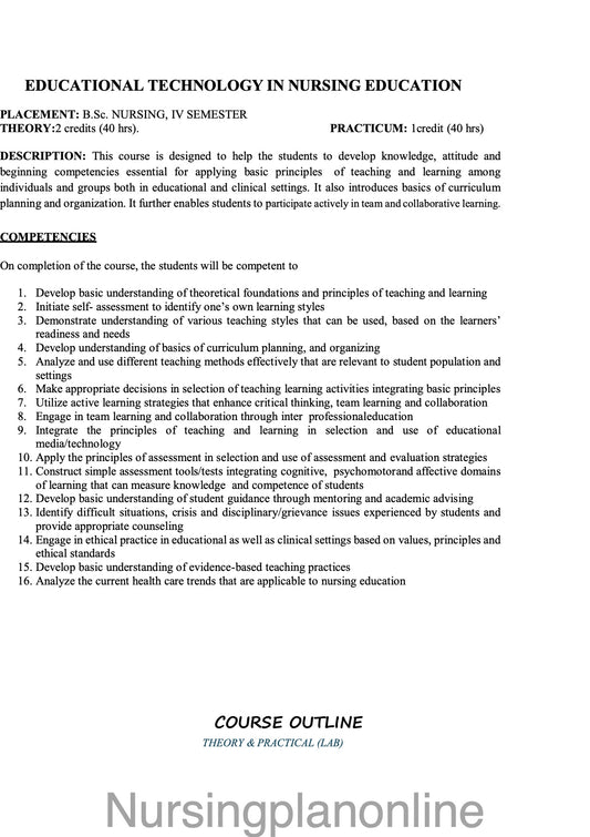COURSE PLAN FOR B.Sc. NURSING IV SEMESTER-EDUCATIONAL TECHNOLOGY IN NURSING EDUCATION - Nursing Plan Online