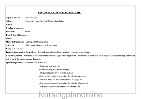 LESSON PLAN ON URINE ANALYSIS - Nursing Plan Online