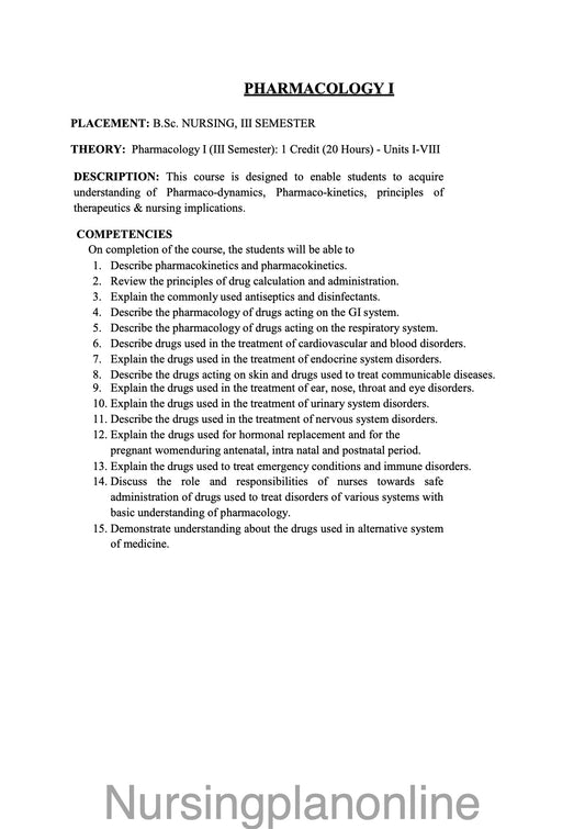 COURSE PLAN FOR B.Sc. NURSING III SEMESTER-PHARMACOLOGY I - Nursing Plan Online