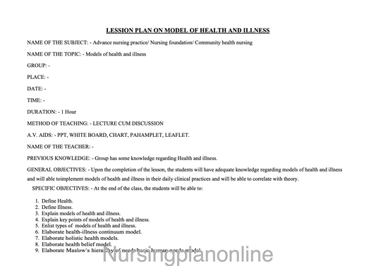 LESSON PLAN ON HEALTH AND ILLNESS MODEL - Nursing Plan Online