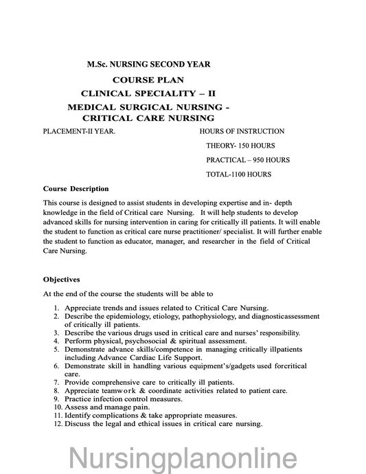COURSE PLAN-  M.Sc. NURSING SECOND YEAR - MEDICAL SURGICAL NURSING ( CRITICAL CARE NURSING) - Nursing Plan Online