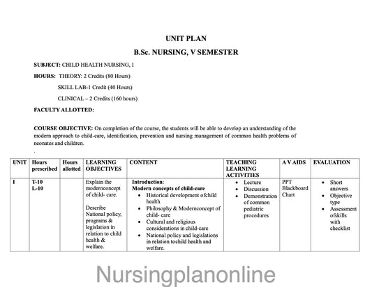 UNIT PLAN FOR B.Sc. NURSING V SEMESTER- CHILD HEALTH NURSING I - Nursing Plan Online