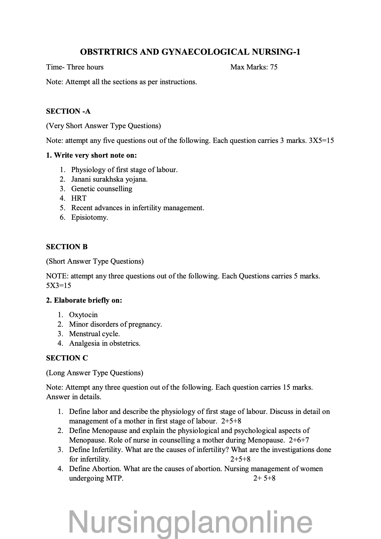 QUESTION PAPER - OBSTETRICS AND GYNECOLOGICAL NURSING - Nursing Plan Online
