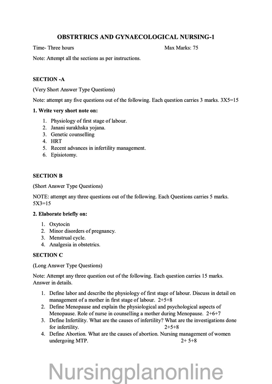 QUESTION PAPER - OBSTETRICS AND GYNECOLOGICAL NURSING - Nursing Plan Online