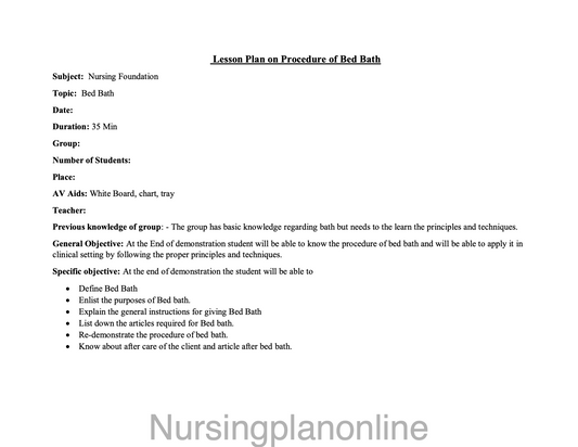 LESSON PLAN ON BED BATH - Nursing Plan Online
