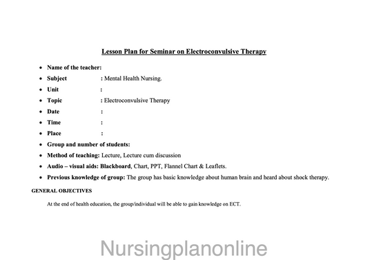 LESSON PLAN ELECTRO CONVULSIVE THERAPY - Nursing Plan Online