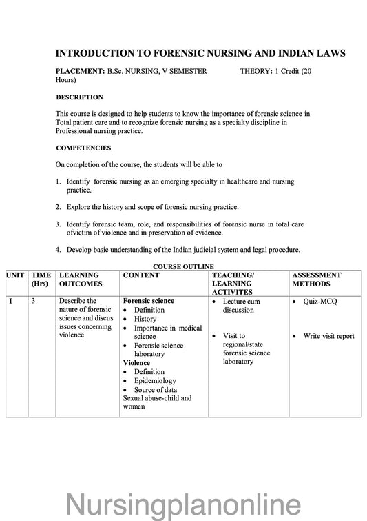 COURSE PLAN- B.Sc. NURSING V SEMESTER- INTRODUCTION TO FORENSIC NURSING AND INDIAN LAWS - Nursing Plan Online