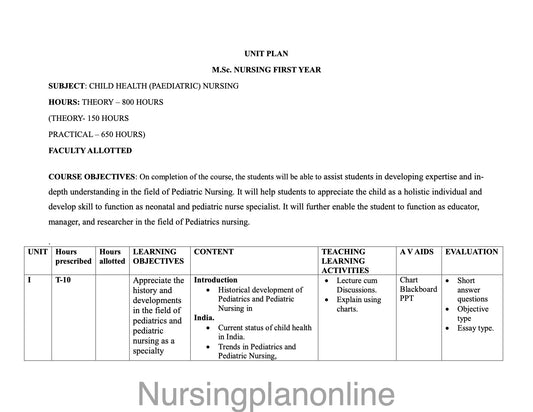 UNIT PLAN M.Sc. NURSING FIRST YEAR- CHILD HEALTH NURSING - Nursing Plan Online