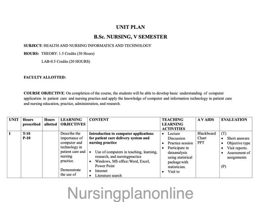 UNIT PLAN FOR B.Sc. NURSING V SEMESTER- HEALTH AND NURSING INFORMATICS AND TECHNOLOGY - Nursing Plan Online