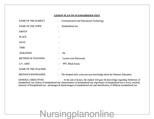 LESSON PLAN- STANDARDIZED TEST - Nursing Plan Online