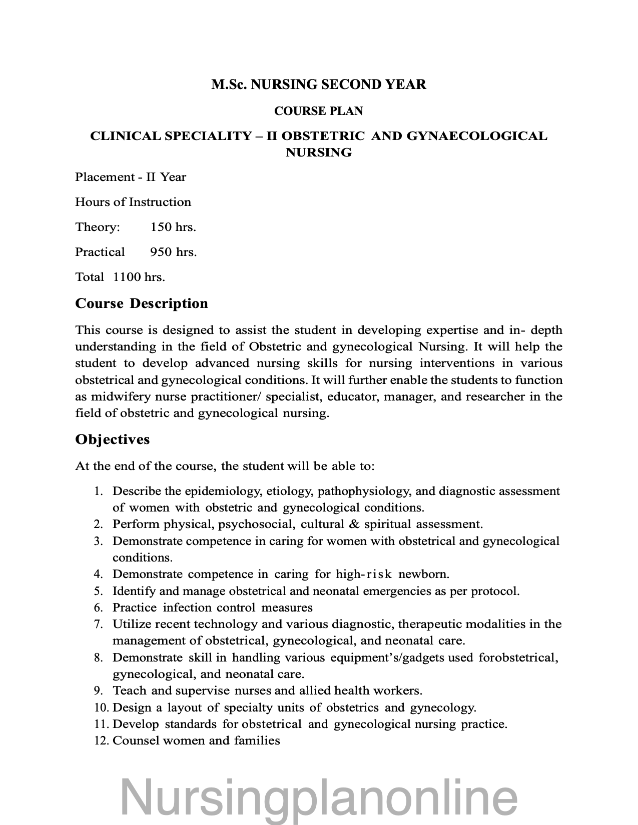 COURSE PLAN M.Sc. NURSING SECOND YEAR- OBSTETRIC AND GYNECOLOGICAL NURSING - Nursing Plan Online