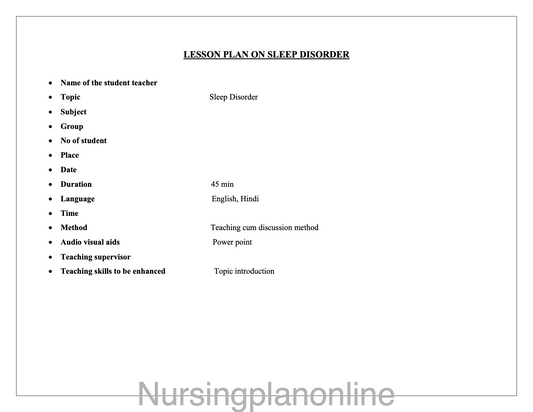 LESSON PLAN- SLEEP DISORDER
