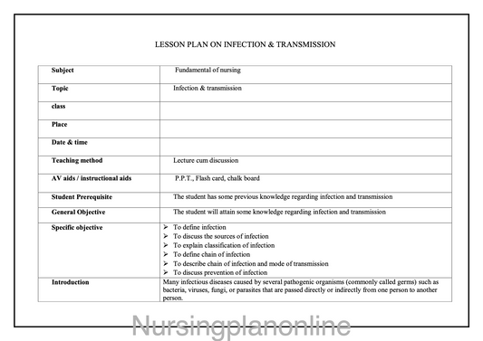 LESSON PLAN ON INFECTION AND TRANSMISSION - Nursing Plan Online