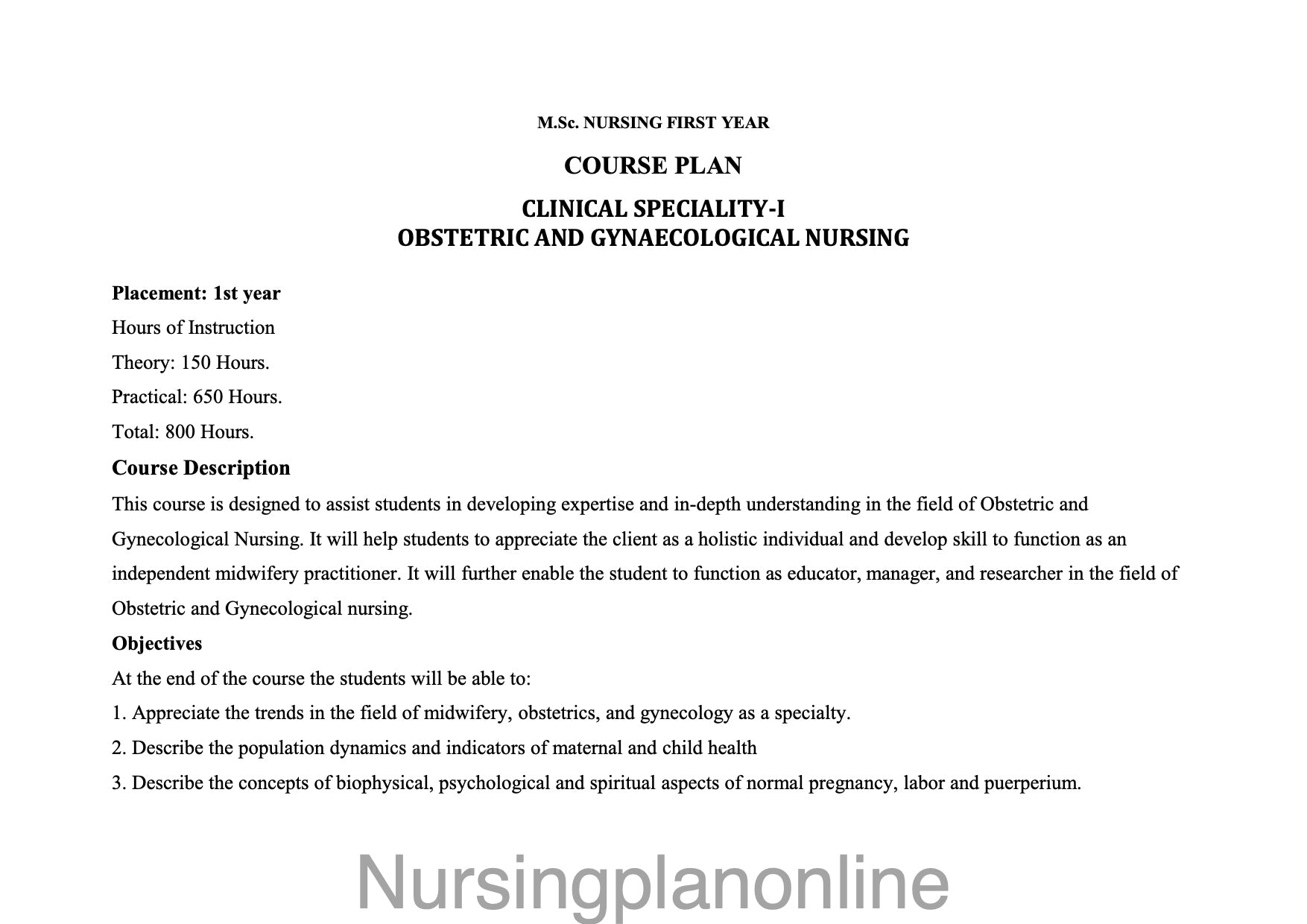 COURSE PLAN-  M.Sc. NURSING FIRST YEAR -  OBSTETRIC AND GYNECOLOGICAL NURSING - Nursing Plan Online
