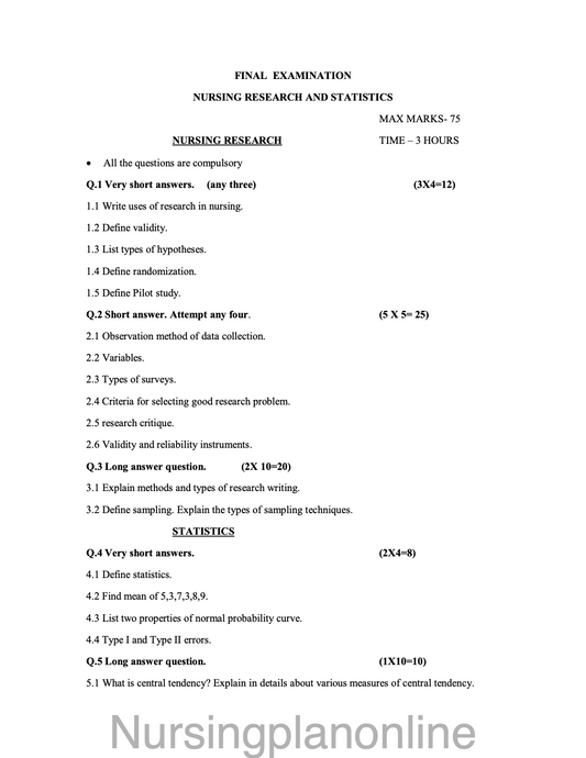 QUESTION PAPER- NURSING RESEARCH AND STATISTICS - Nursing Plan Online