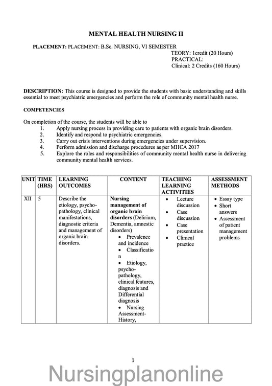 COURSE PLAN B.Sc. NURSING SIXTH SEMESTER - MENTAL HEALTH NURSING II - Nursing Plan Online