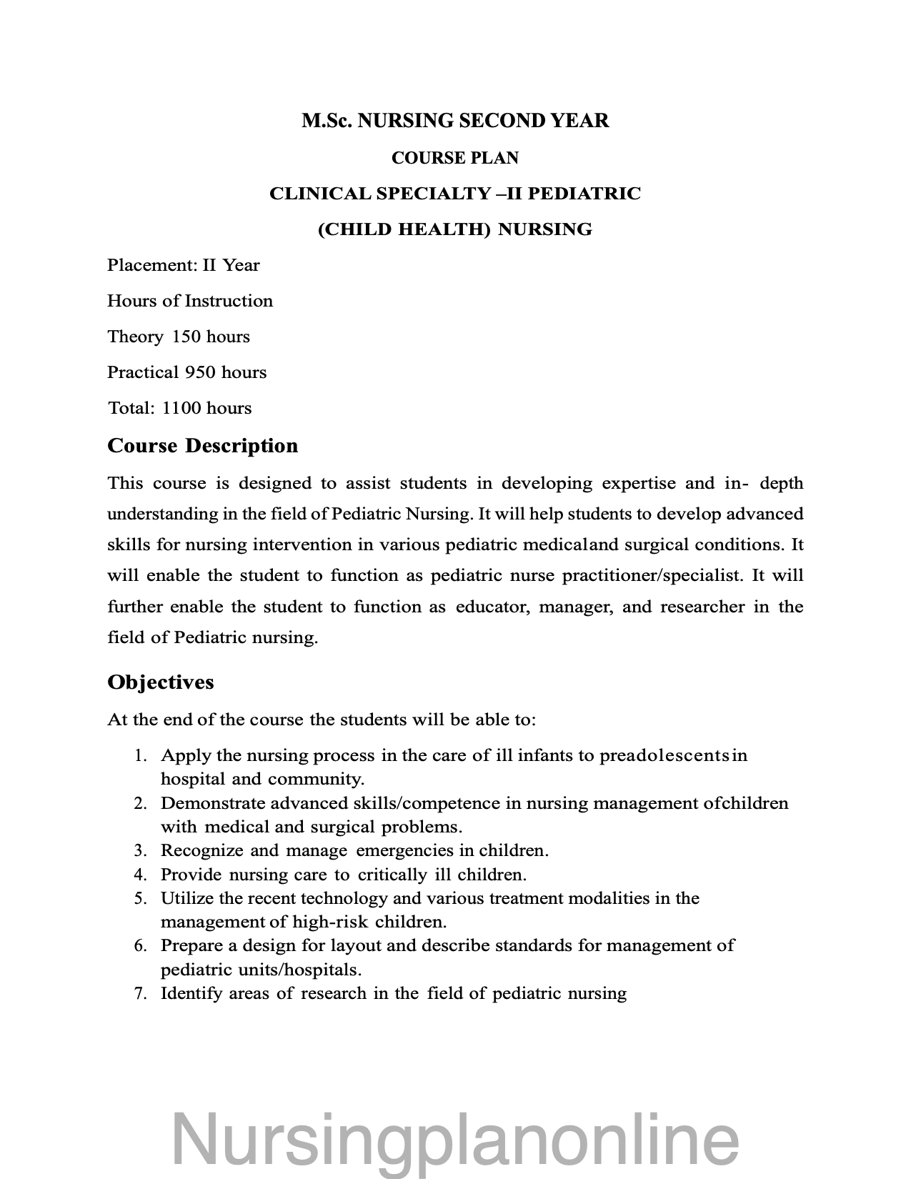 COURSE PLAN M.Sc. NURSING SECOND YEAR- PEDIATRIC (CHILD) HEALTH NURSING - Nursing Plan Online