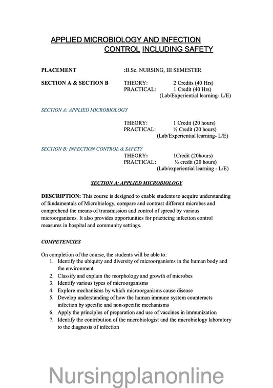 COURSE PLAN FOR B.Sc. NURSING III SEMESTER- APPLIED MICROBIOLOGY AND INFECTION CONTROL INCLUDING SAFETY. - Nursing Plan Online