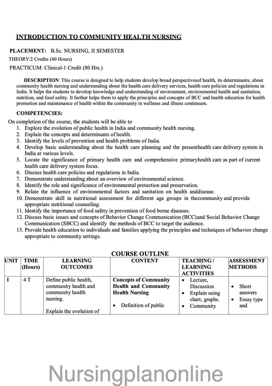 COURSE PLAN FOR B.Sc. NURSING II SEMESTER- INTRODUCTION TO COMMUNITY HEALTH NURSING - Nursing Plan Online
