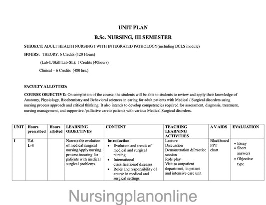UNIT PLAN FOR B.Sc. NURSING III SEMESTER- ADULTH HEALTH NURSING I WITH INTEGRATED PATHOLOGY (INCLUDING BCLS MODULE) - Nursing Plan Online