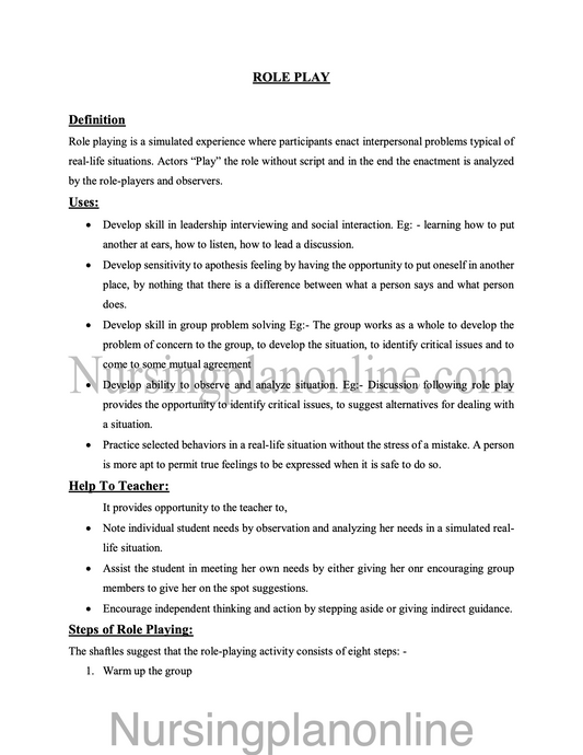 NOTES ON ROLE-PLAY - Nursing Plan Online