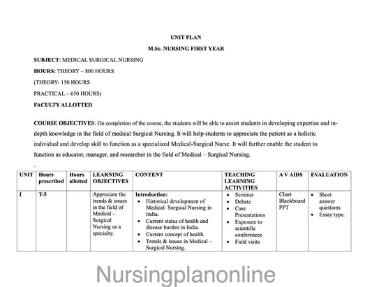 UNIT PLAN M.Sc. NURSING FIRST YEAR- MEDICAL SURGICAL NURSING - Nursing Plan Online