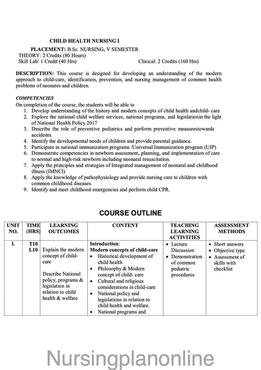 COURSE PLAN- B.Sc. NURSING V SEMESTER- CHILD HEALTH NURSING I - Nursing Plan Online