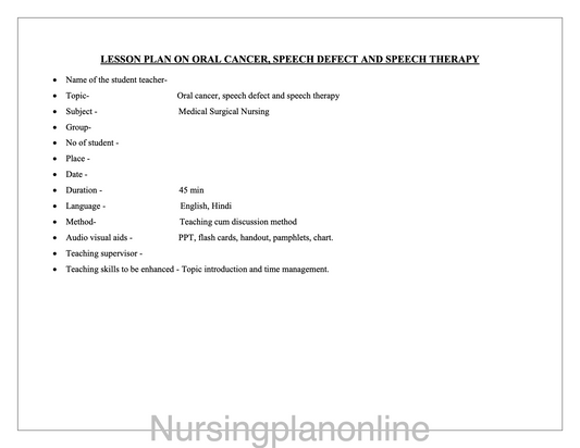 LESSON PLAN- ORAL CANCER, SPEECH DEFECT AND SPEECH THERAPY - Nursing Plan Online