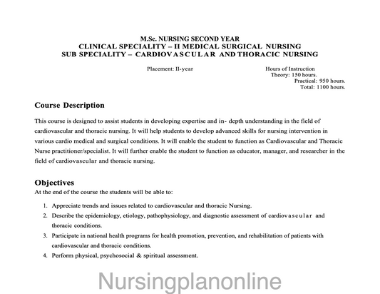COURSE PLAN-  M.Sc. NURSING SECOND YEAR - MEDICAL SURGICAL NURSING (CARDIOVASCULAR AND THORACIC NURSING) - Nursing Plan Online