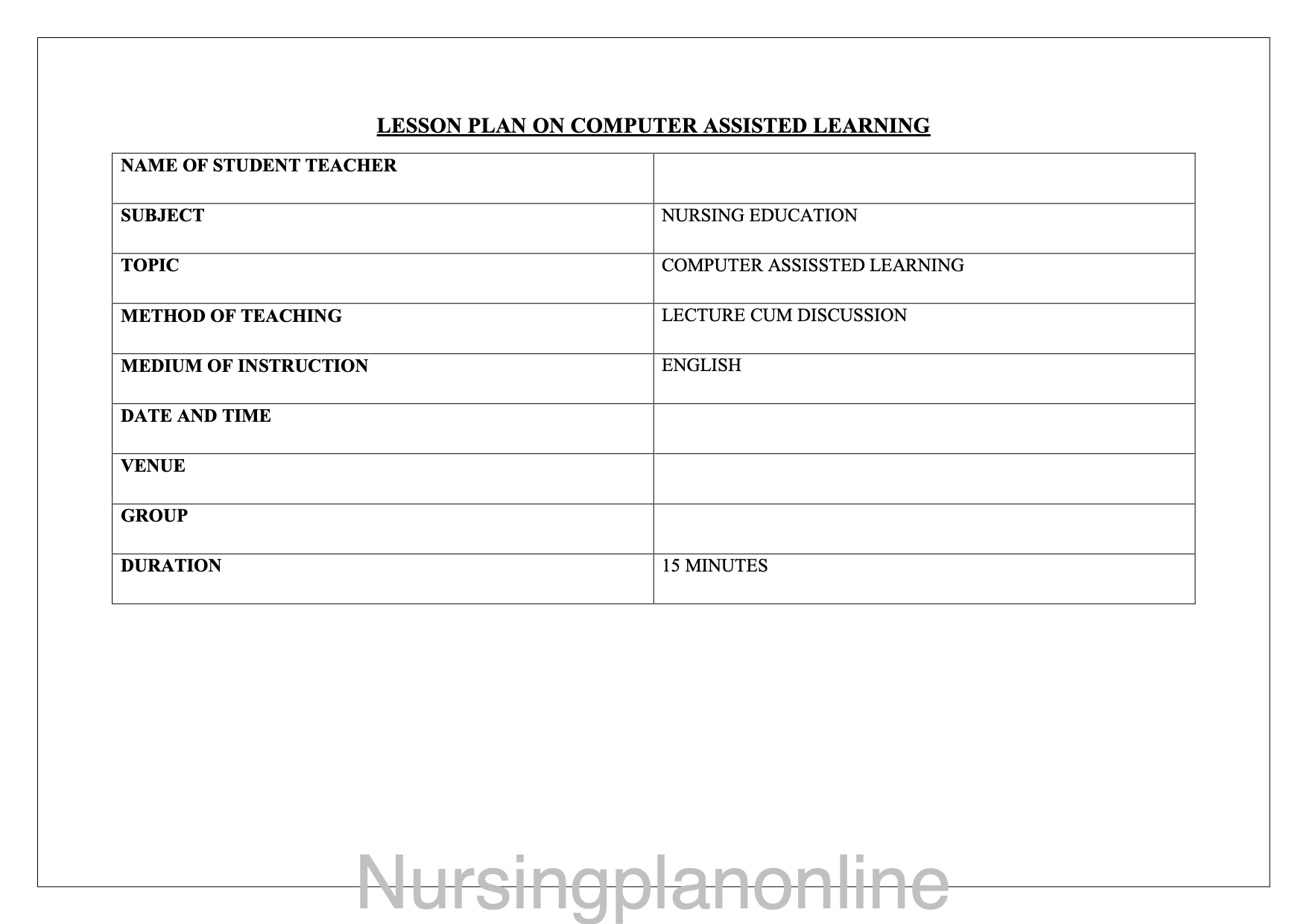LESSON PLAN- COMPUTER ASSISTED LEARNING – Nursing Plan Online