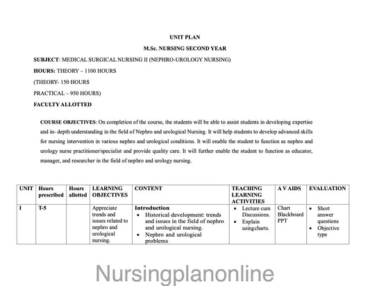 UNIT PLAN M.Sc. NURSING SECOND YEAR-  MEDICAL SURGICAL NURSING (NEPHRO UROLOGY NURSING) - Nursing Plan Online