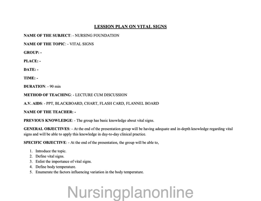 LESSON PLAN ON VITAL SIGNS II - Nursing Plan Online