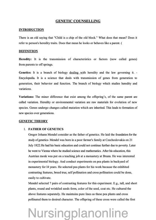 NOTES ON GENETIC COUNSELING - Nursing Plan Online