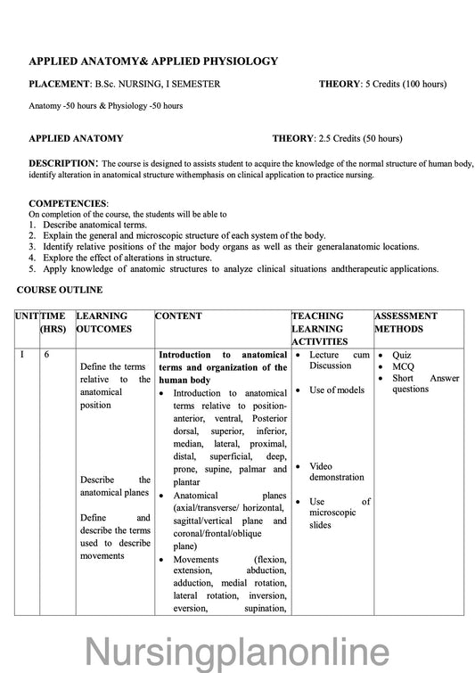 COURSE PLAN FOR B.Sc. NURSING I SEMESTER- APPLIED ANATOMY AND APPLIED PHYSIOLOGY - Nursing Plan Online