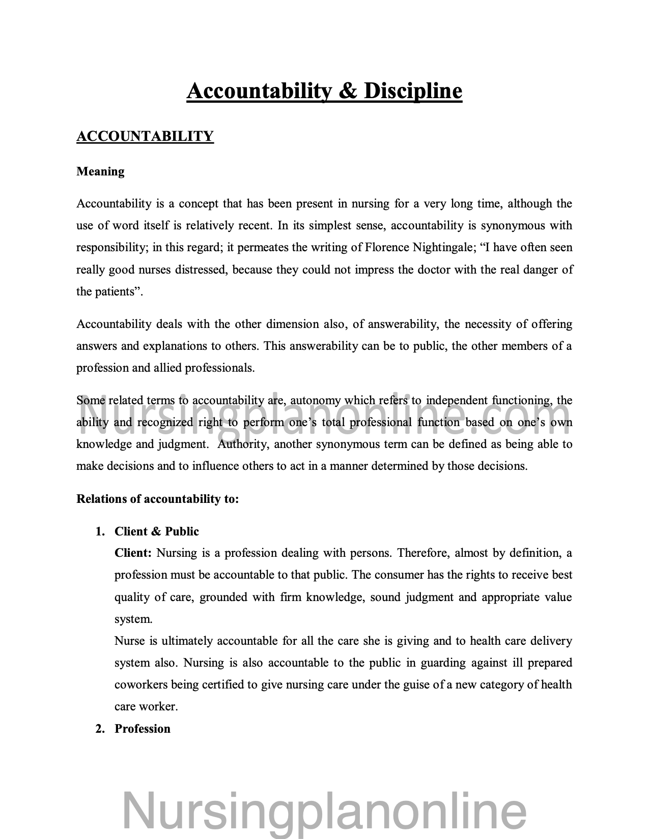 NOTES ON ACCOUNTABILITY AND DISCIPLINE - Nursing Plan Online