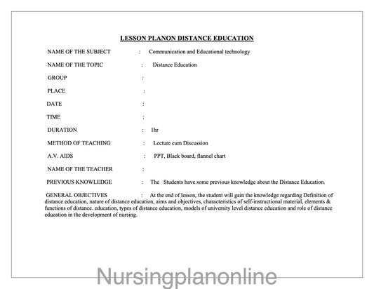 LESSON PLAN- DISTANCE EDUCATION - Nursing Plan Online